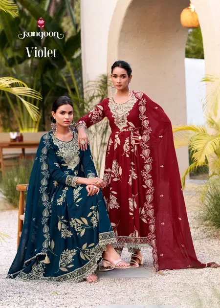 Violet By Rangoon Cotton Camric Khatli Handwork Mirror Online Anarkali Suits Wholesale
